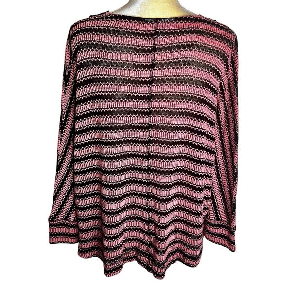 Skye's The Limit Pink Black Striped Top Sz L Lace Neck Loose Fit 3/4 Sleeves - Picture 2 of 6